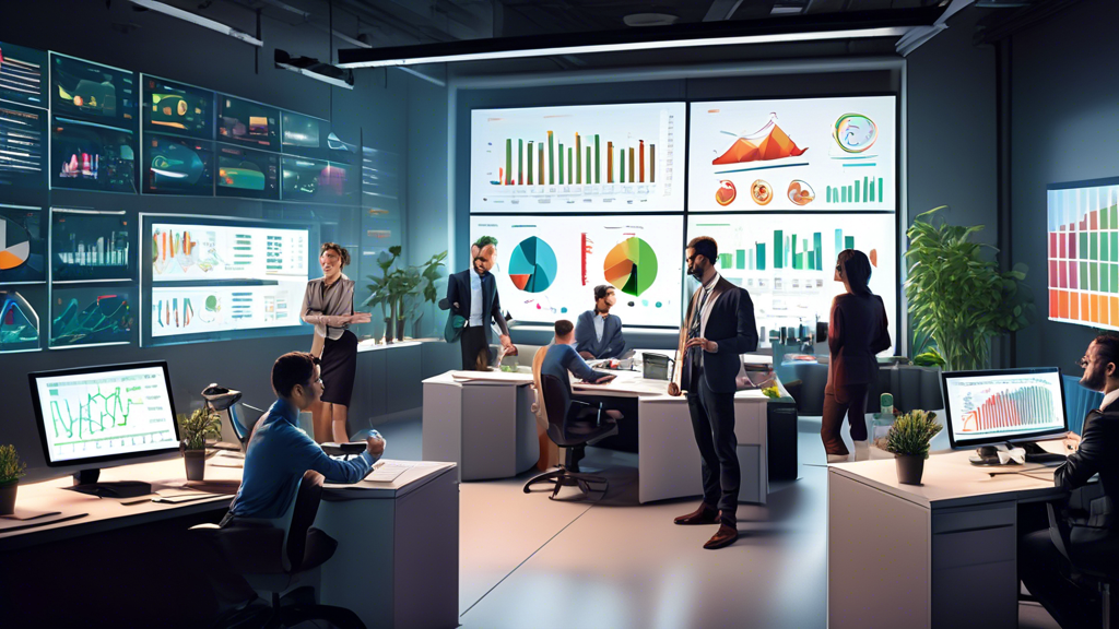 A modern office scene with a digital data dashboard displayed on a large screen in the center. The dashboard shows various colorful charts, graphs, and met