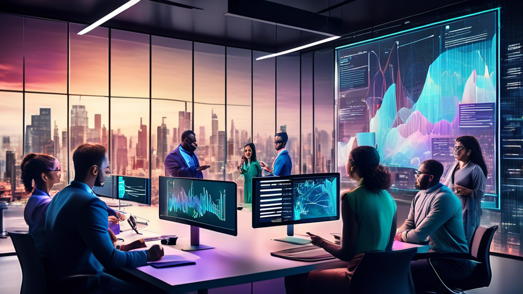 A modern office setting with a group of diverse professionals gathered around a large digital screen displaying complex data visualizations and analytics.