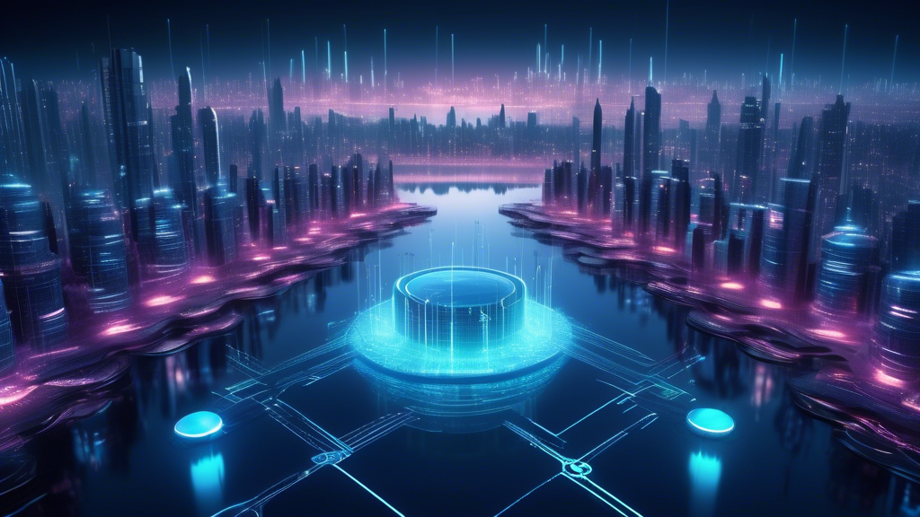A futuristic data storage facility located in a high-tech cityscape, with a massive, serene lake at its center symbolizing a data lake. Around the lake, ad