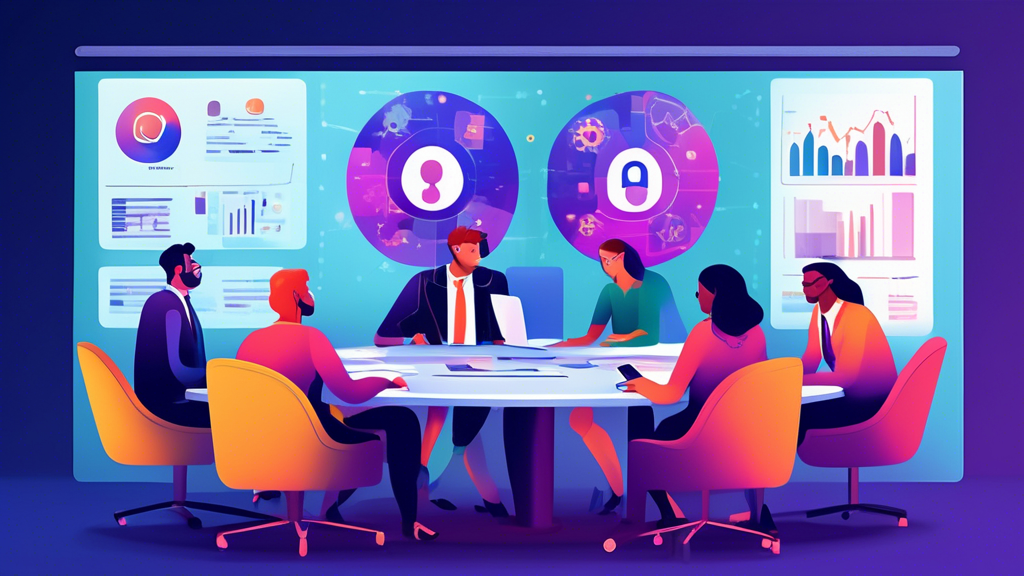 An illustration of a business meeting room with a diverse group of people discussing data privacy policies. A large screen in the background displays a loc