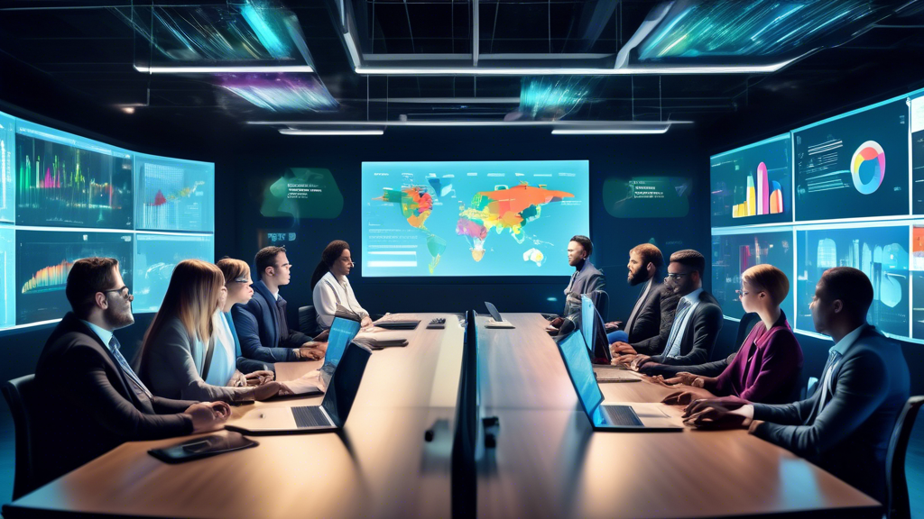 A professional conference room with a team of diverse data analysts presenting their findings on large screens. Charts, graphs, and infographics are displa