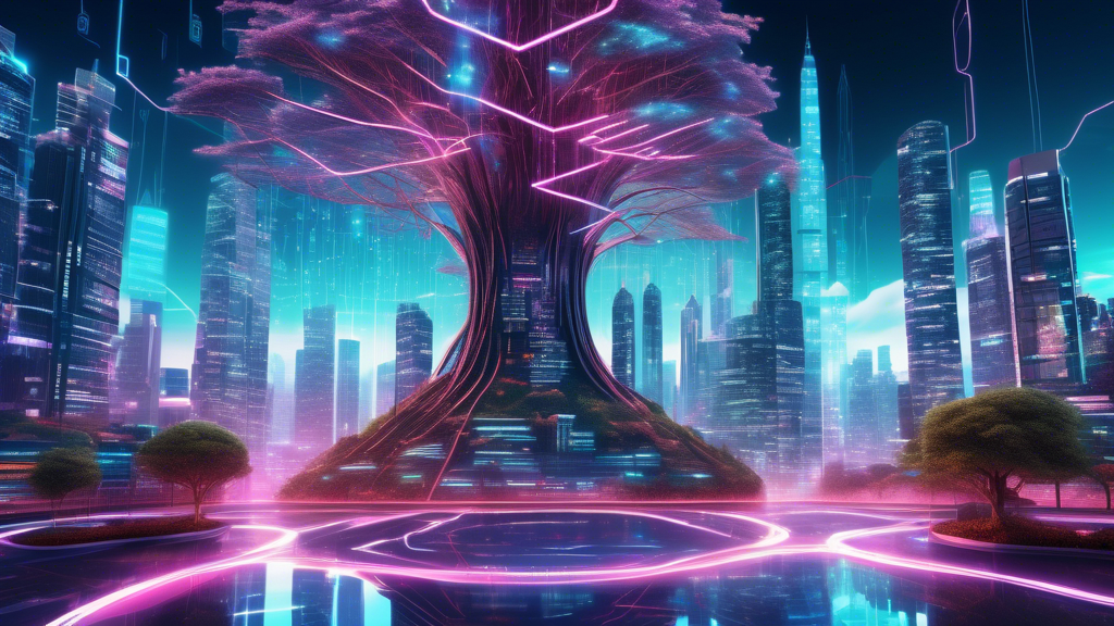 A futuristic city landscape representing a thriving business, with towering skyscrapers made of digital data symbols, interconnected by neon pathways. In t
