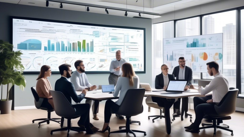 An image of a business meeting in a modern office, with diverse professionals gathered around a table covered in charts, graphs, and laptops. The backdrop