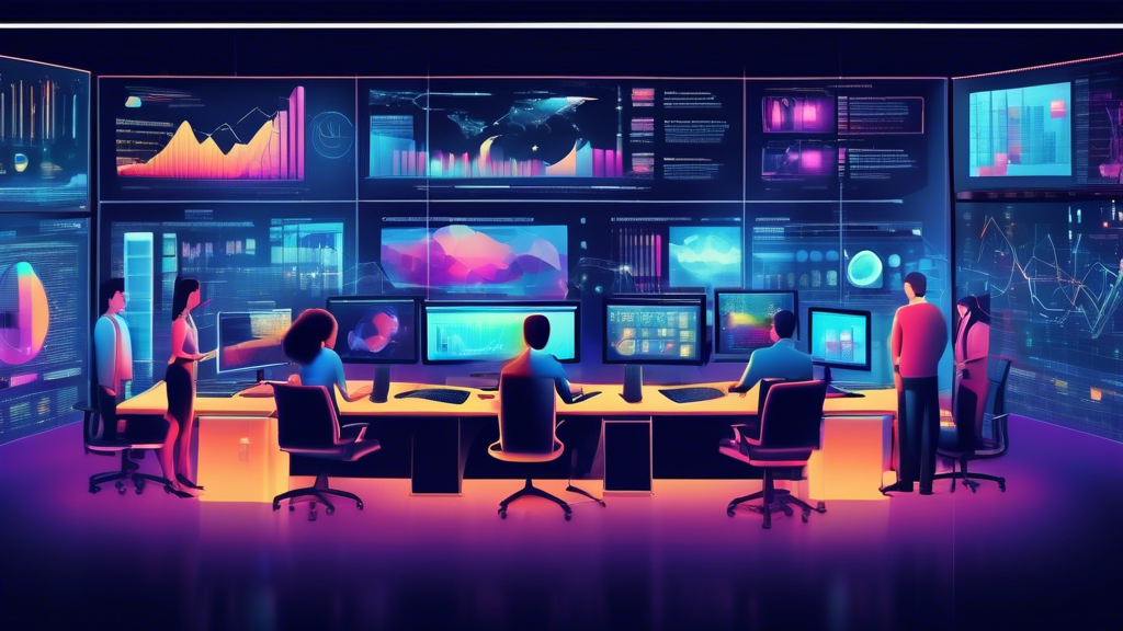 A high-tech office setting with multiple computer screens displaying various data visualization tools and software interfaces. People are actively interact