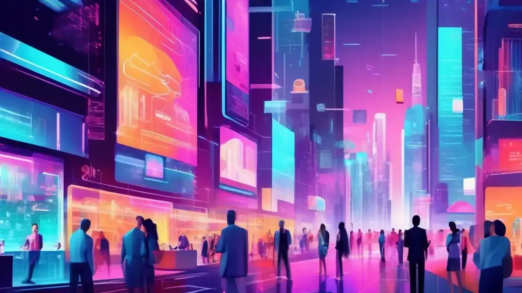 A futuristic cityscape where small business storefronts feature digital displays, data analytics dashboards, and holographic signs, with business owners an