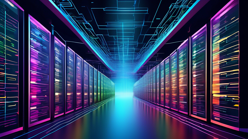 An illustration of a modern high-tech data warehouse with rows of servers, vibrant digital streams representing data transfer, and secure storage units. Th