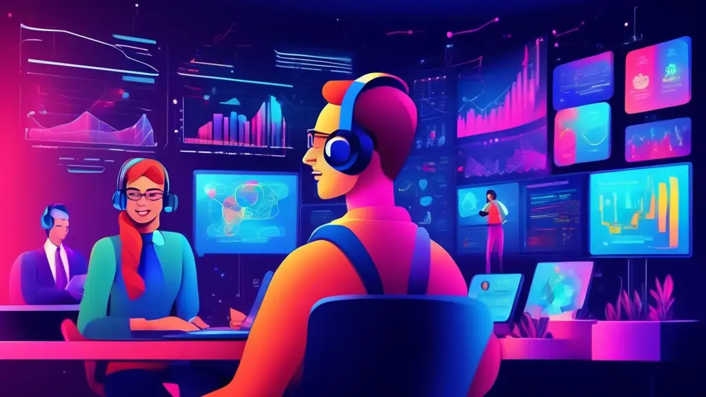 A vibrant call center with agents using modern technology including AI tools, analytics dashboards, and chatbots, interacting seamlessly with customers. Ch
