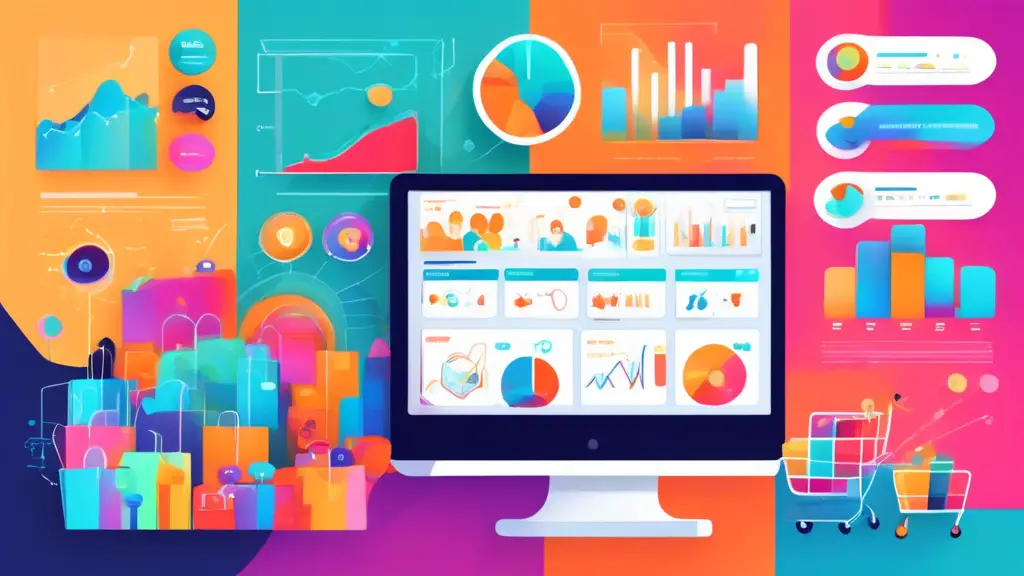An illustration of a bustling e-commerce store dashboard filled with colorful charts and graphs, showing data trends, customer demographics, and product pe