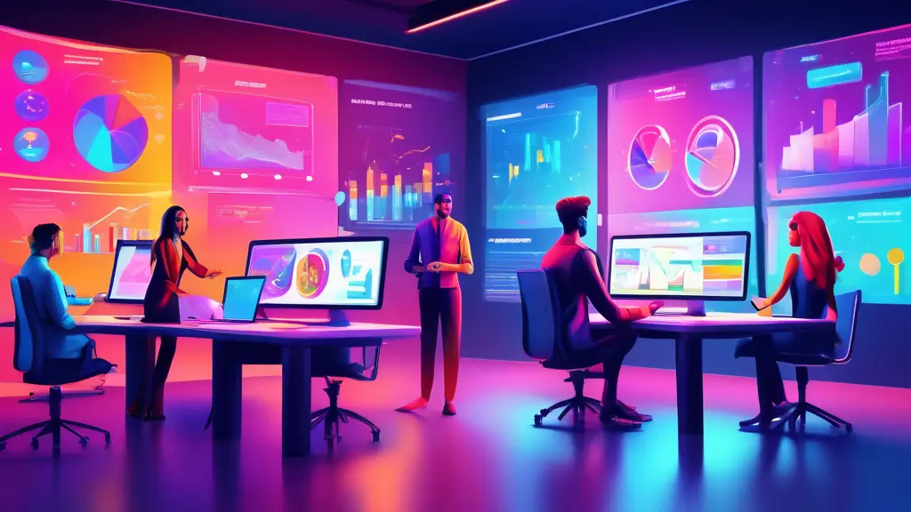 A vibrant marketing team in a futuristic office using advanced data analytics tools, large transparent screens displaying colorful charts and consumer data