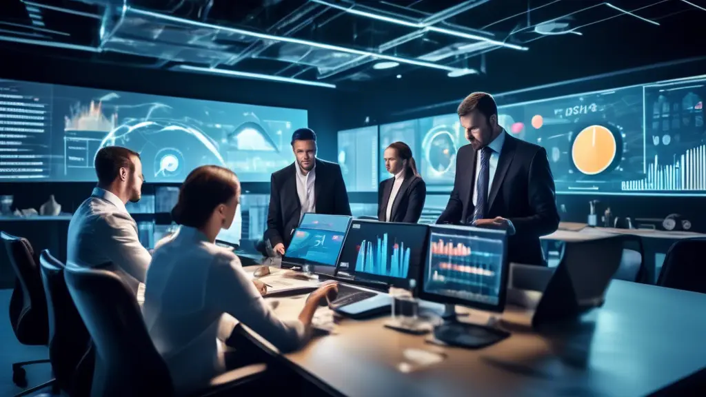 A dynamic business environment with a high-tech sales dashboard displaying charts and graphs. The foreground shows business professionals analyzing data, d