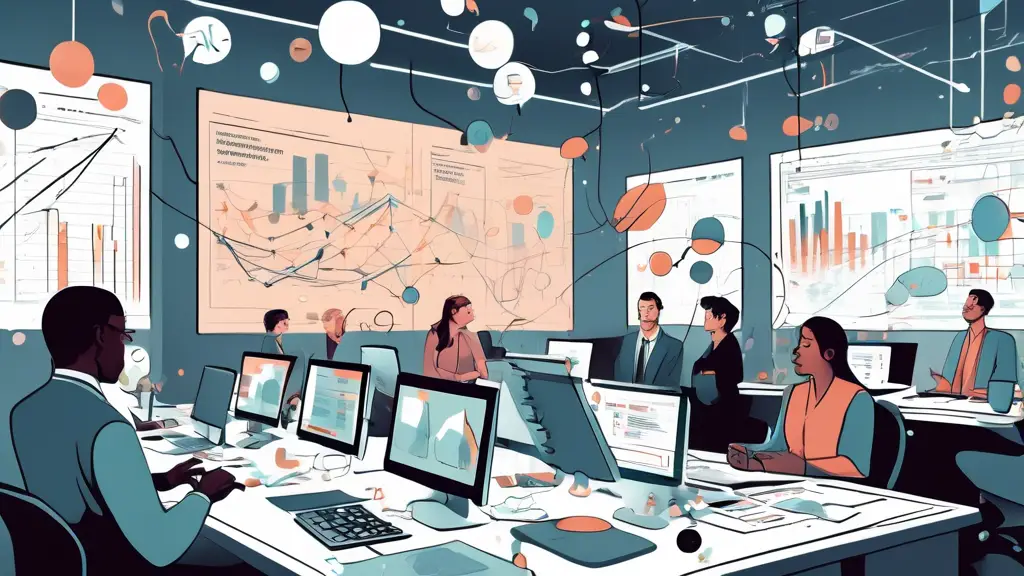 An office scene where one side of the room is filled with people analyzing charts, graphs, and data on computer screens, while the other side shows people