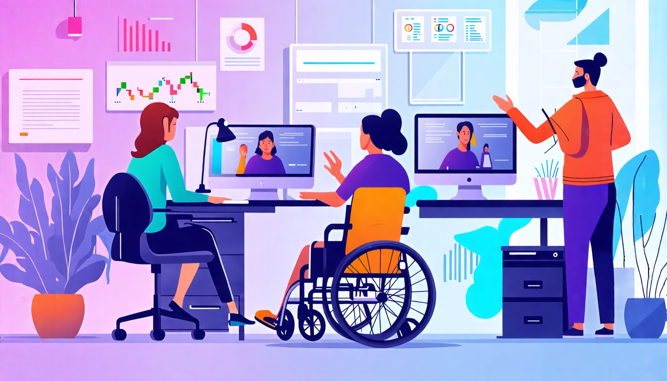 A futuristic office setting with diverse employees, including individuals with disabilities, working seamlessly together using advanced technology. Show a