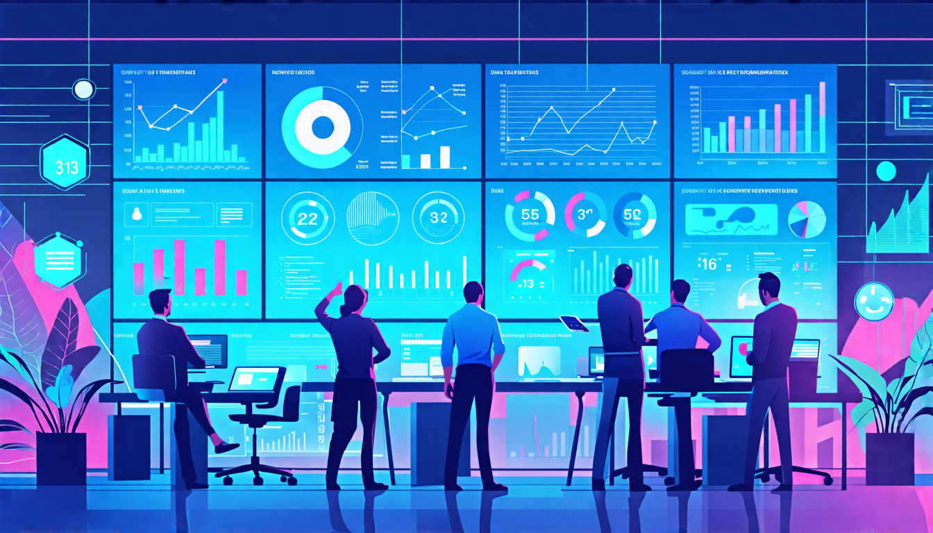A modern office with a team of professionals analyzing data on large interactive screens, showcasing charts, graphs, and data visualizations. The room is f
