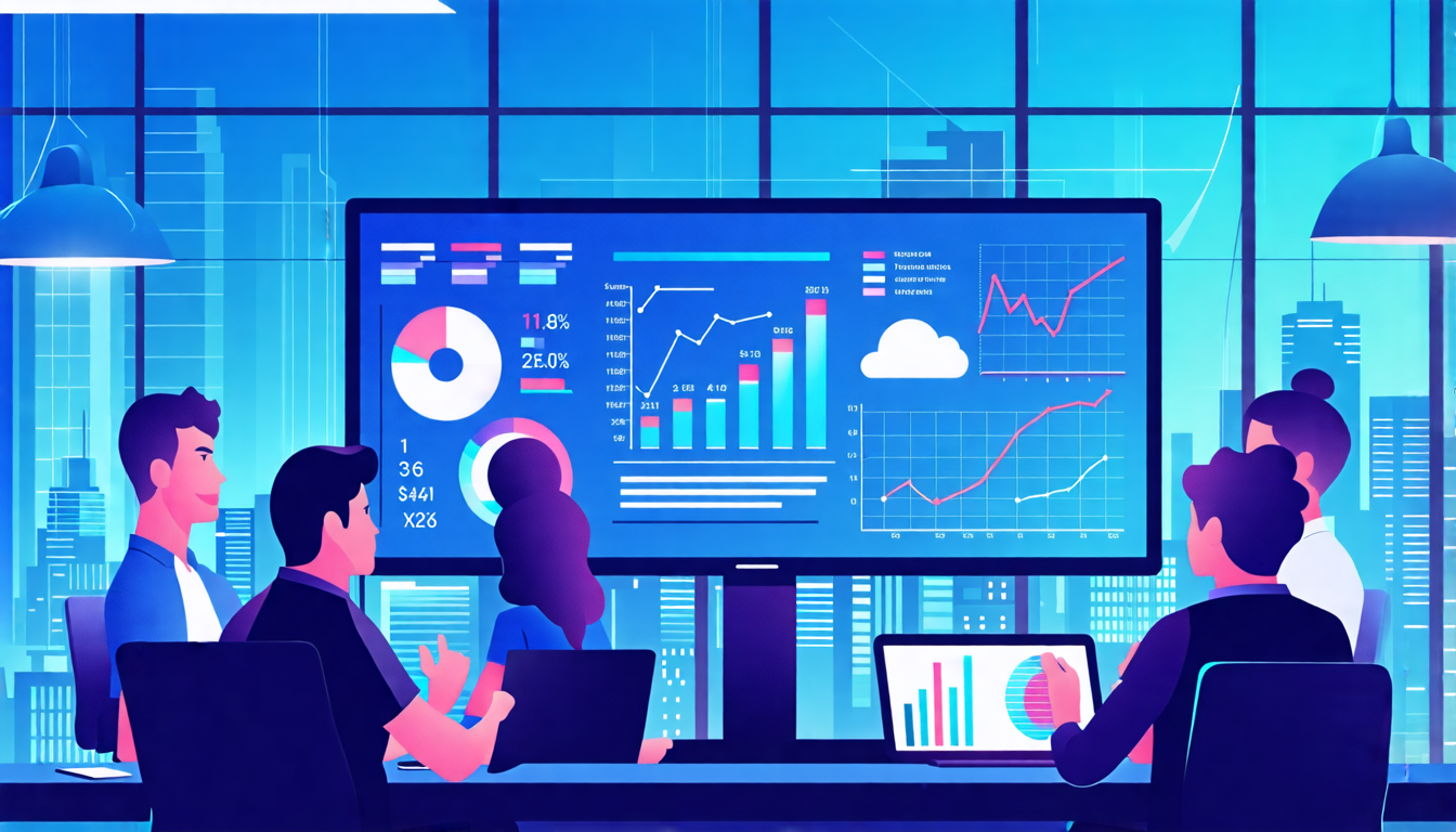 A modern office setting with a corporate team discussing a budgeting plan. There's a large display screen showing a detailed digital budget plan combining