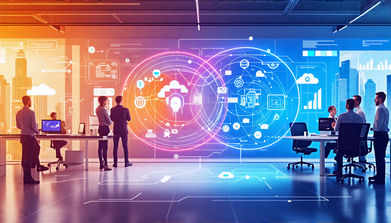 A futuristic office environment showcasing a variety of digital transformation technologies in use. On one side, a team is working with advanced AI tools,