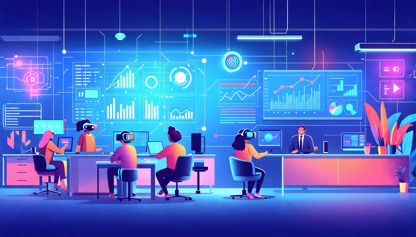 A futuristic office setting where a diverse team collaborates through holographic screens and AI assistants. One section shows a digital dashboard with cus
