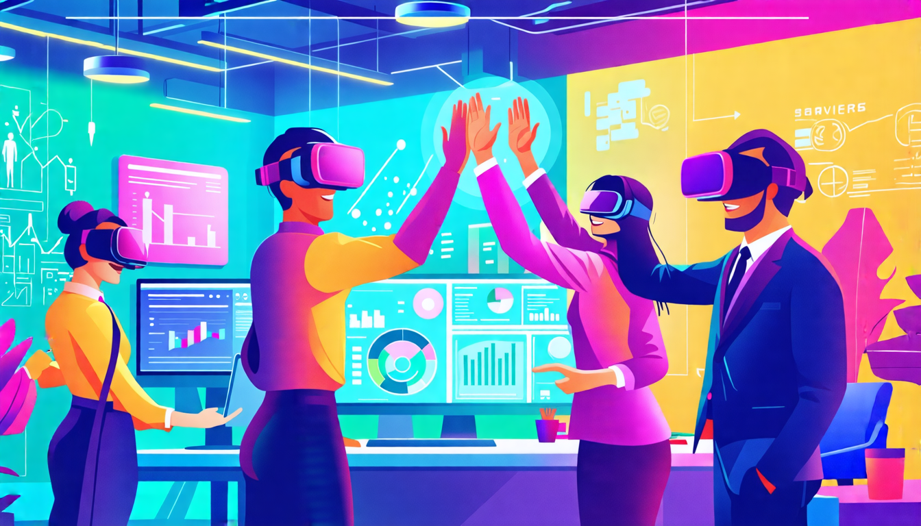 A futuristic office scene where employees are engaged collaboratively with digital tools such as augmented reality headsets, holographic displays, and inte