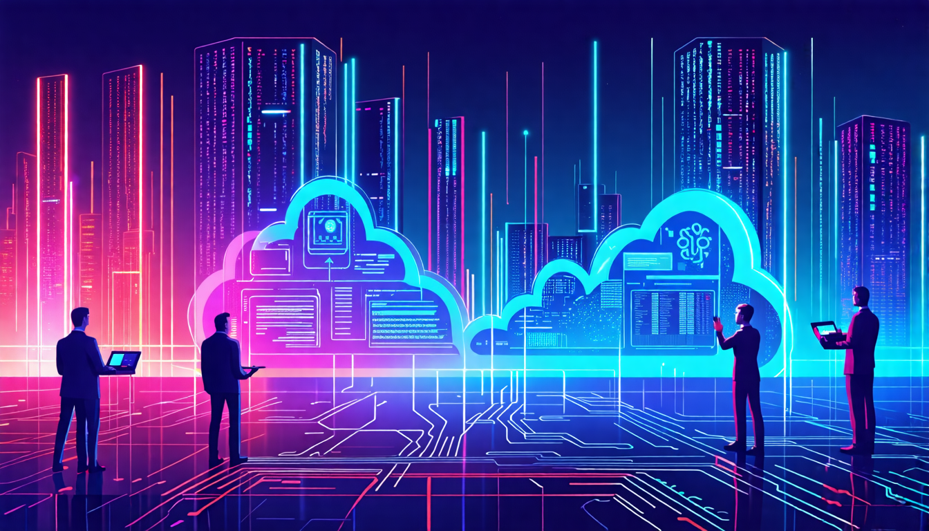 A dynamic illustration of a futuristic digital cityscape where streams of data, depicted as glowing lines of code and binary, flow seamlessly between tower