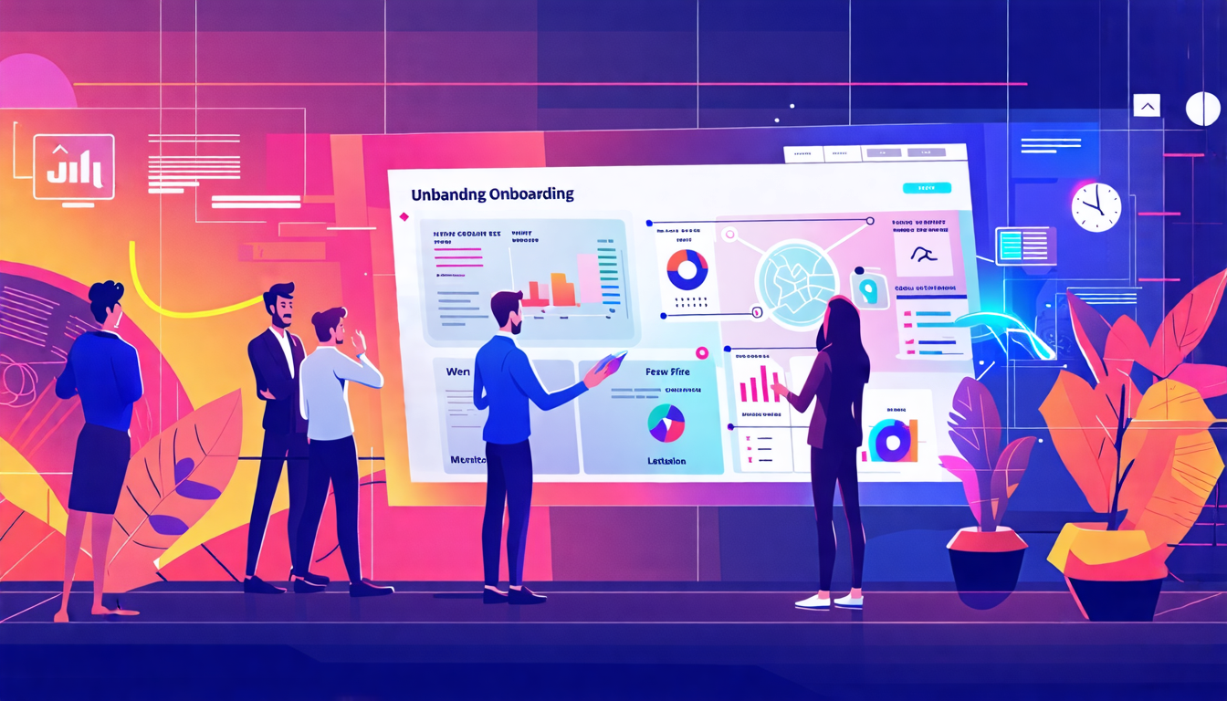 A futuristic office setting with diverse professionals gathered around a large digital display, showcasing interactive onboarding modules and holographic g
