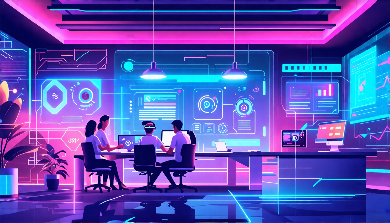A futuristic office workspace where employees are interacting with advanced digital tools such as augmented reality glasses, holographic displays, and AI-p