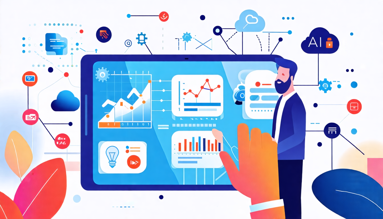 Create an illustration of a business professional interacting with an advanced, user-friendly digital interface on a touchscreen device. The design of the