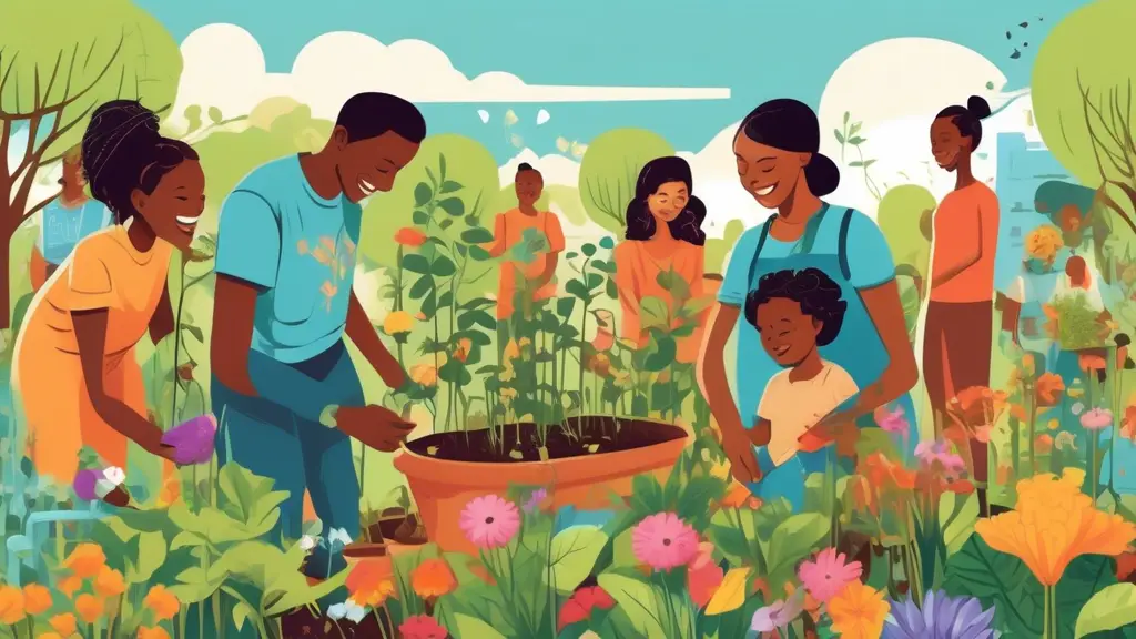 A vibrant community garden scene filled with diverse people of various ages and ethnicities, happily working together to nurture plants. The background fea