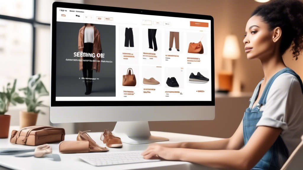 A stylish online shopping cart interface displayed on a computer screen, with items like clothes, shoes, and electronics in the cart. The background shows