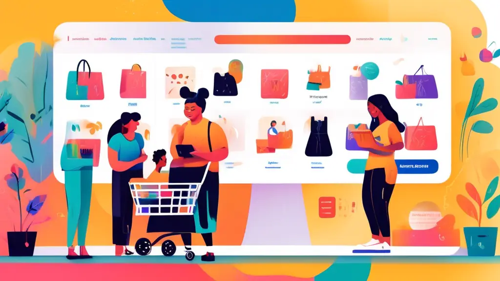 An illustration of an e-commerce website interface designed with accessibility features, including a screen reader function, voice-activated commands, keyb