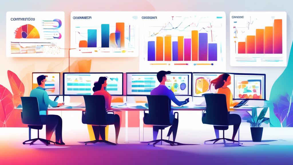 A modern office setting with a team of data analysts working on multiple computer screens displaying e-commerce analytics dashboards, charts, and graphs. T
