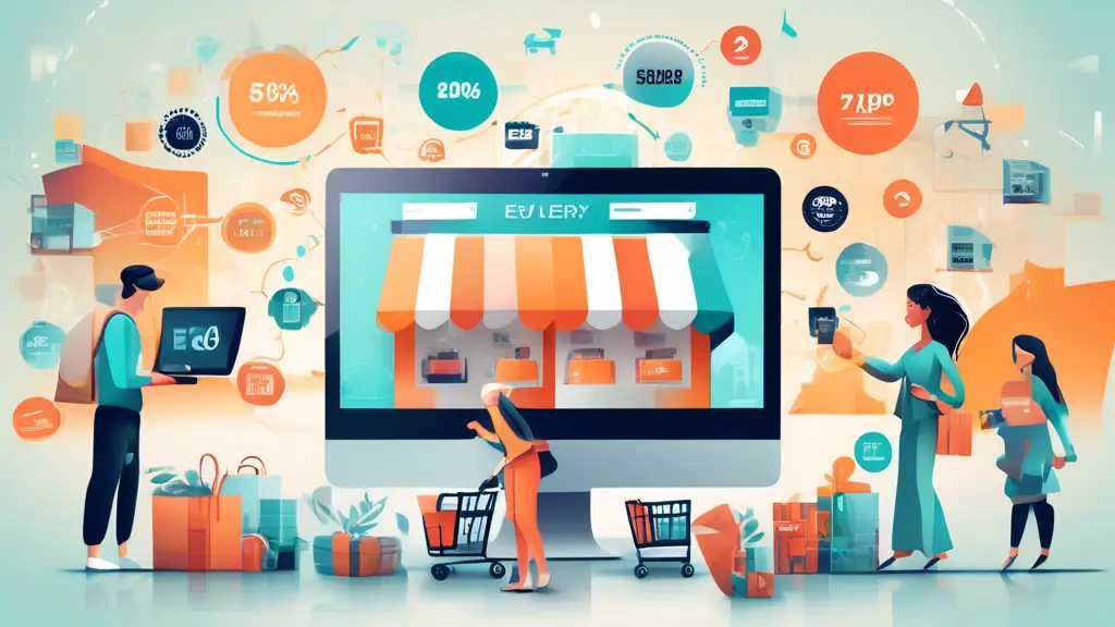 Create a digital illustration that depicts the evolution of e-commerce. Show a timeline starting with early online shopping on desktop computers, transitio