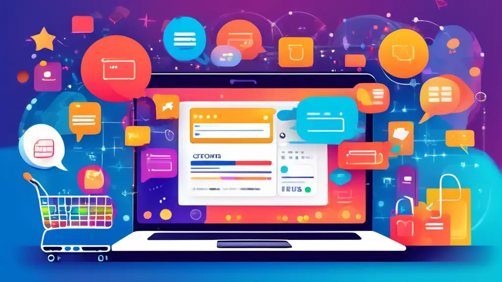A dynamic scene of an online shopping interface with a central laptop screen displaying a customer feedback form. Surrounding the laptop, icons of shopping