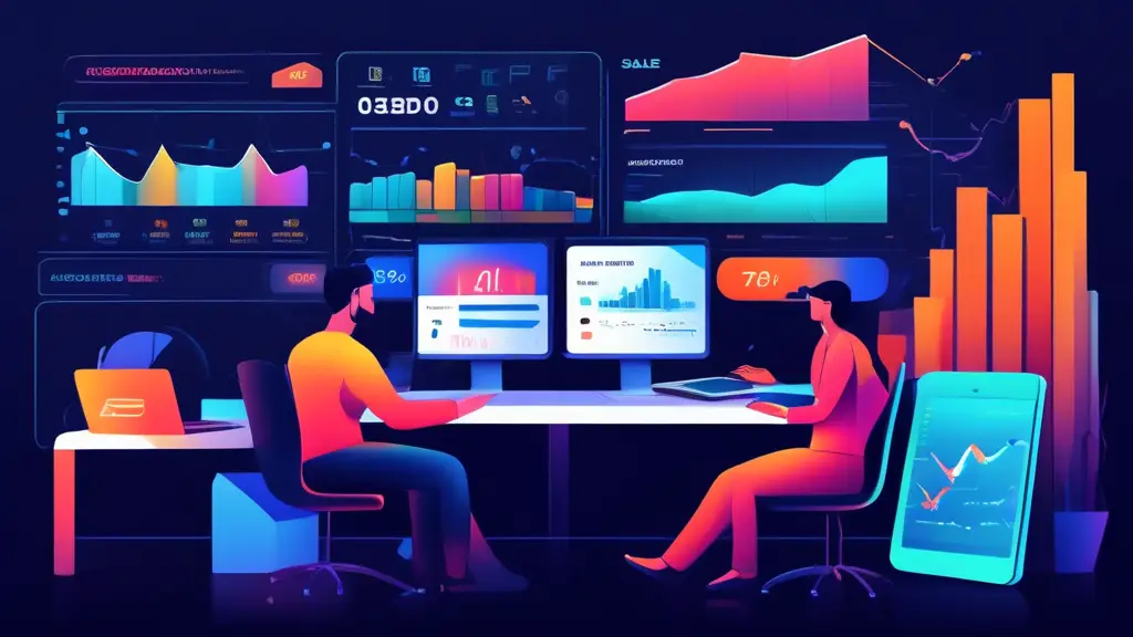 A detailed illustration of a digital dashboard filled with vibrant metrics and charts, representing an e-commerce store's performance. The dashboard shows