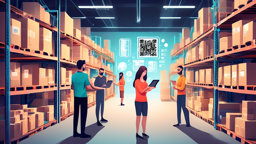 An organized and efficient warehouse with shelves stocked with various e-commerce products, employees using tablets to manage inventory, barcodes being sca