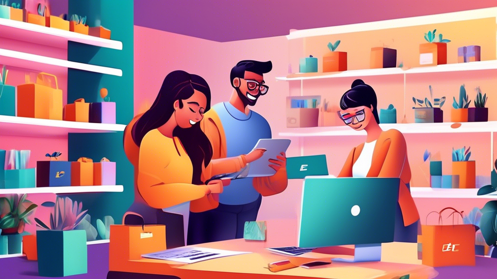 A vibrant scene of entrepreneurs excitedly setting up an online store, with one person working on a laptop designing the website, another arranging product