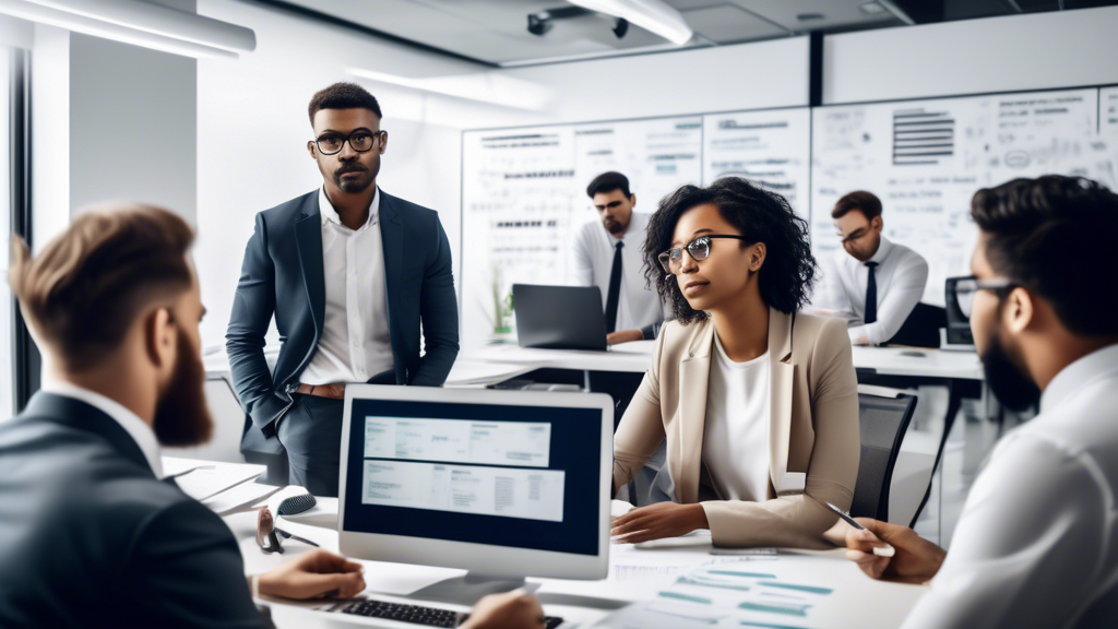 A diverse group of professionals in a modern office, each focused on various aspects of e-commerce law. The scene includes people analyzing legal documents