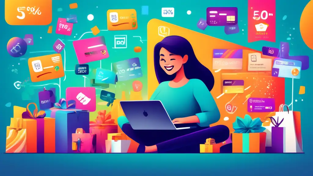 A vibrant illustration of a smiling customer using a laptop to shop online, surrounded by floating icons of various rewards like gift cards, discounts, exc