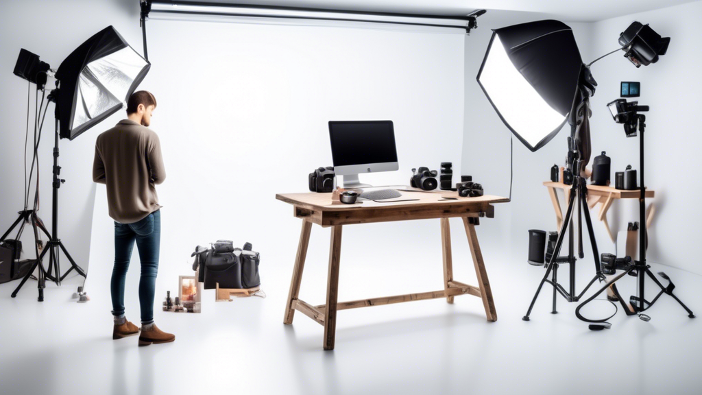 A brightly lit photography studio with a white background, featuring various camera equipment like tripods, lights, and reflectors aimed at a table with ne