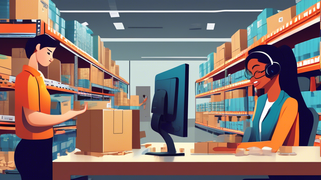 A detailed illustration of an e-commerce warehouse with staff processing returned packages, shipping labels, and refund transactions on computers. In the b