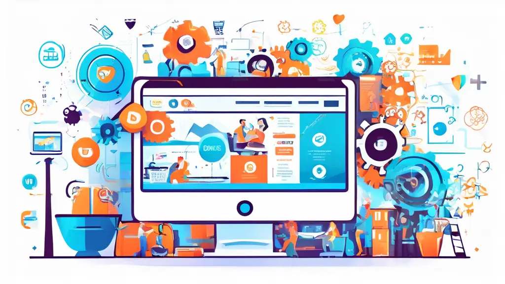 Create a detailed illustration of an online store interface on a computer screen, surrounded by various SEO icons and elements. The background should featu
