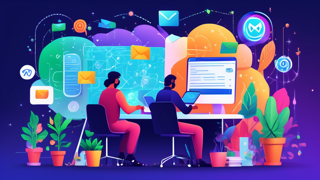 A vibrant digital workspace filled with diverse individuals engaging with emails on various devices, surrounded by icons of envelopes, growth charts, and m