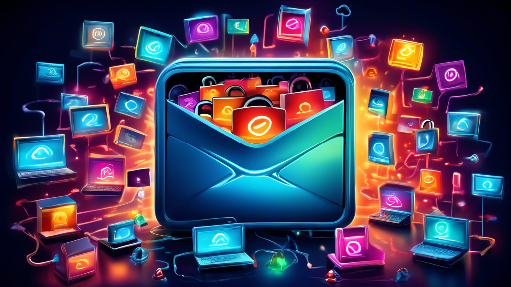A detailed illustration of a secure email inbox, with strong locks and shields around it, representing protection. The background shows various cyber threa