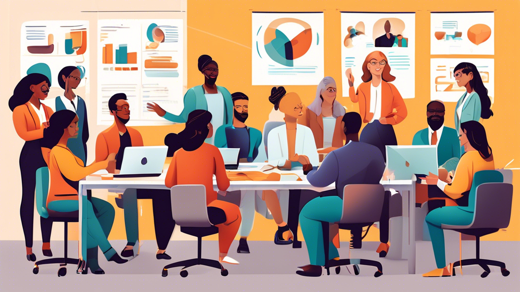 An illustration of a diverse group of employees in a modern office setting, engaged in various forms of accessible training. Include elements like sign lan