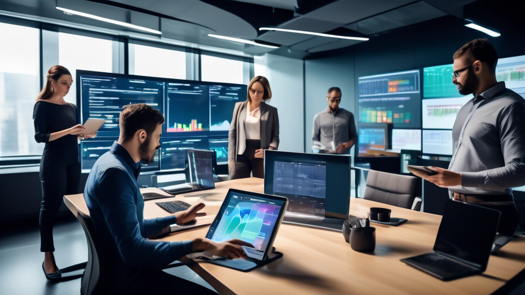 A modern office setting with a diverse group of employees engaged in a high-tech training session. A large digital screen displays colorful graphs and char