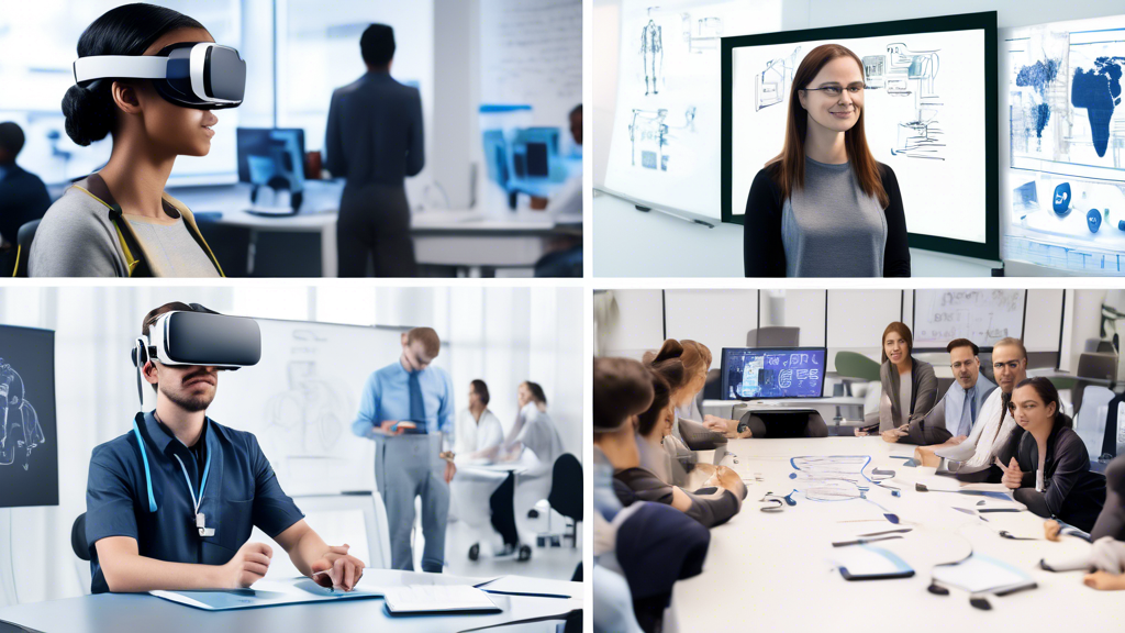 A split-screen image with two contrasting scenes: on the left, a high-tech virtual reality training session with employees wearing VR headsets and immersed