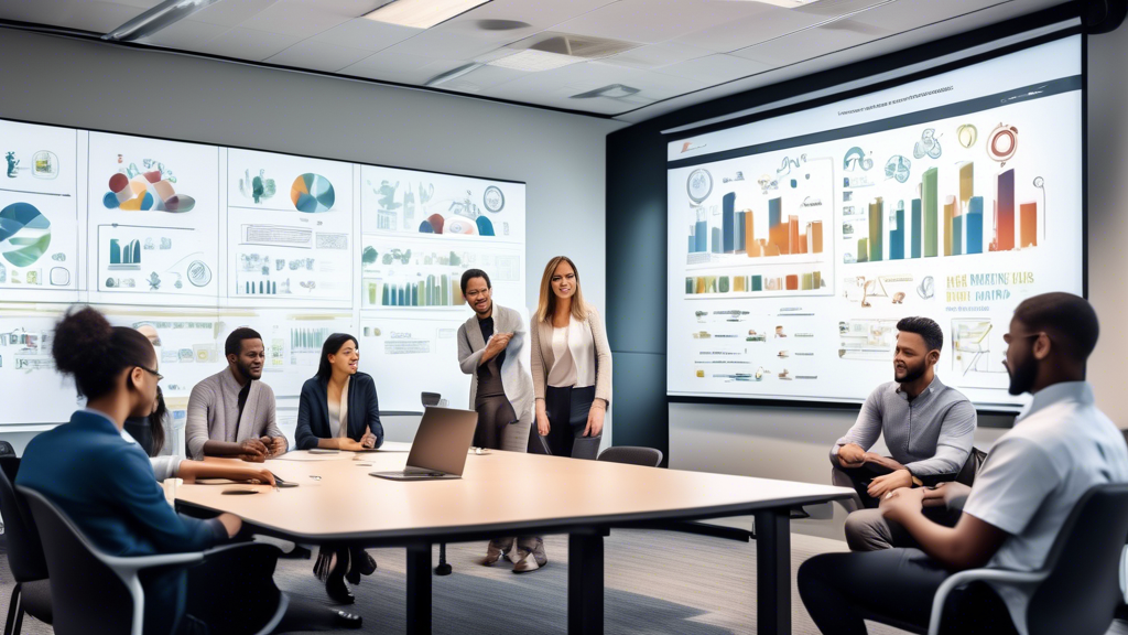 A diverse group of employees in a modern corporate training room, engaging in various developmental activities. One section of the room features a mentor g
