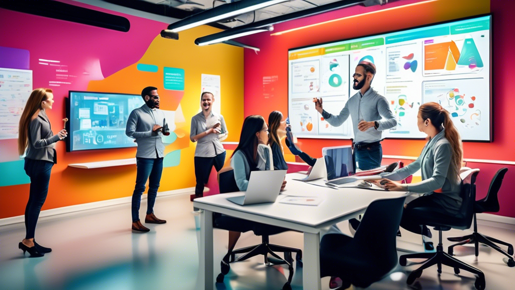 A lively office setting where employees are eagerly participating in a high-tech training workshop. The trainer is using an interactive screen, and team me