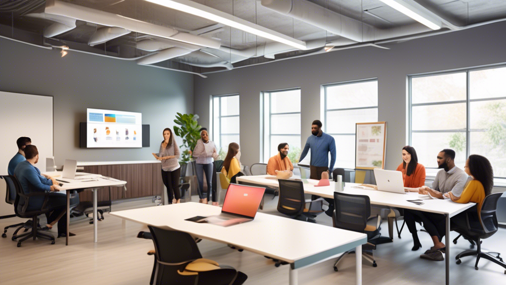 A modern, open office space with vibrant colors and natural light. New employees are gathered around a welcoming trainer who is presenting on a large scree
