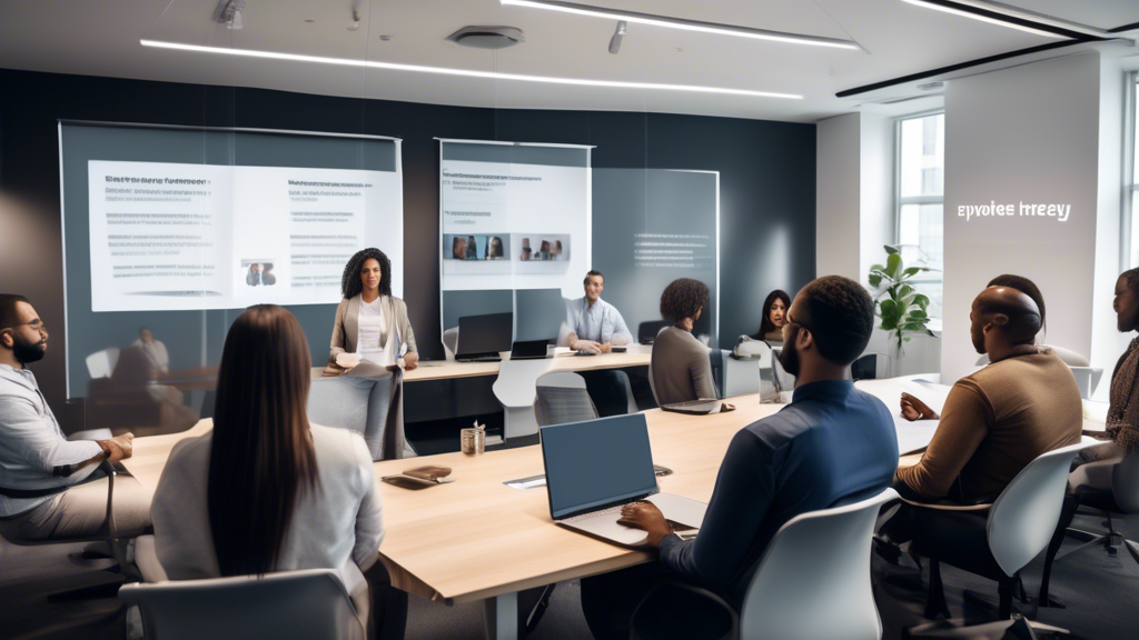 A diverse group of employees in a modern office setting, engaged in a training session with laptops and notebooks. Transparent privacy screens on the lapto