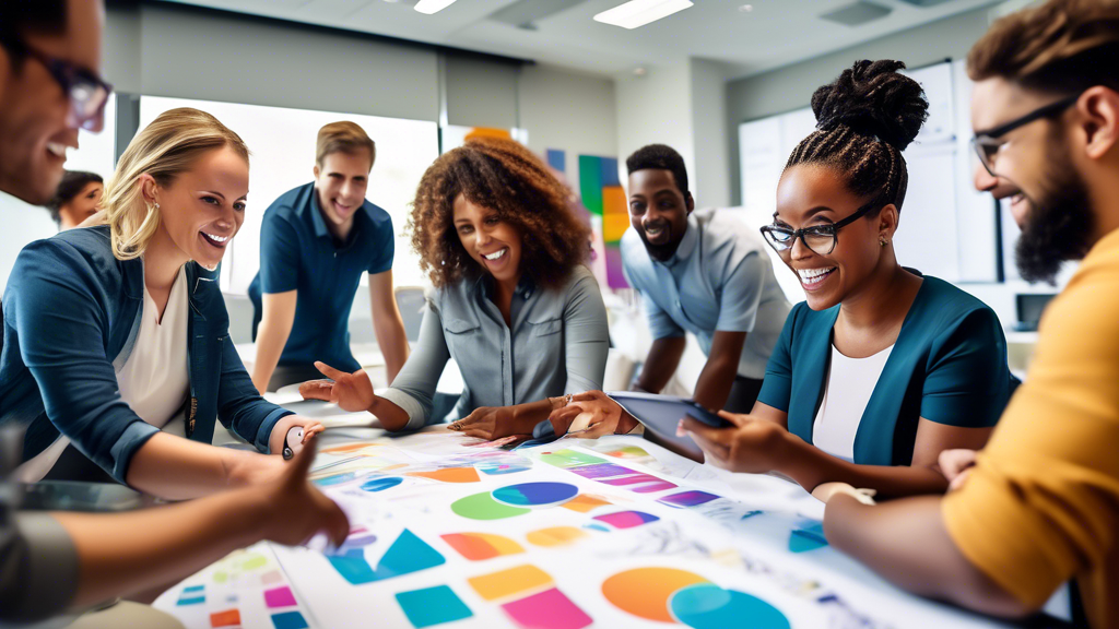 A vibrant corporate training session with a diverse group of employees attentively engaged in interactive activities. The room is filled with colorful char