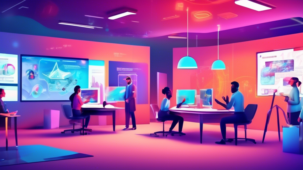 An office setting with diverse employees engaged in modern training methods, including virtual reality headsets, interactive e-learning modules on tablets,
